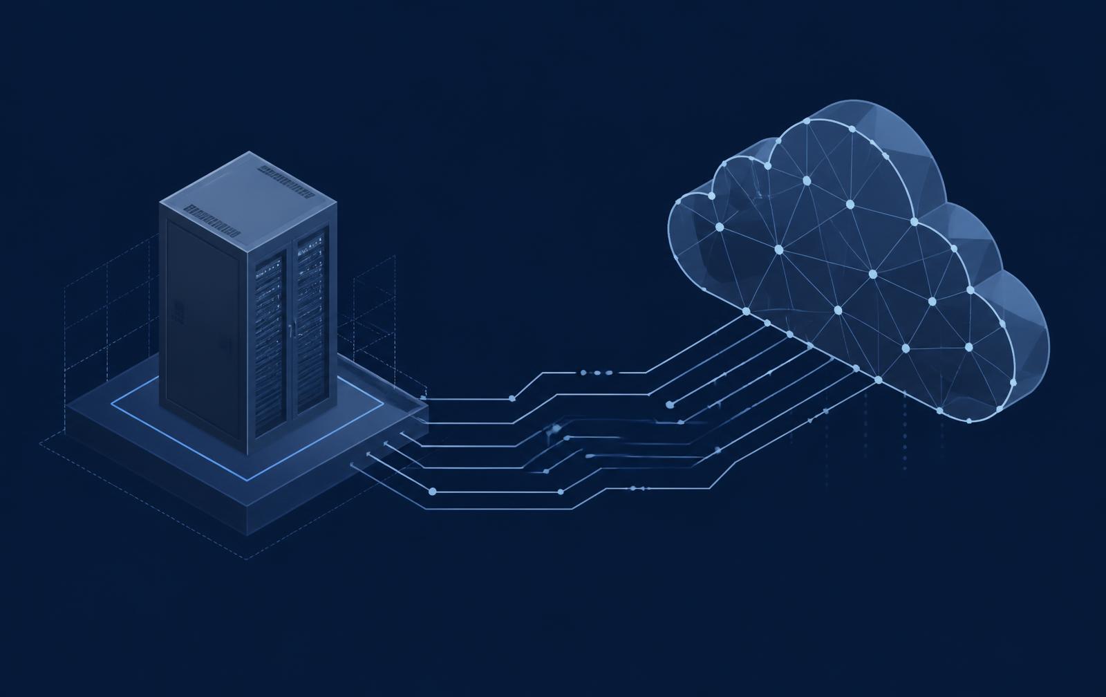Data flowing from on-premises server racks into a cloud network